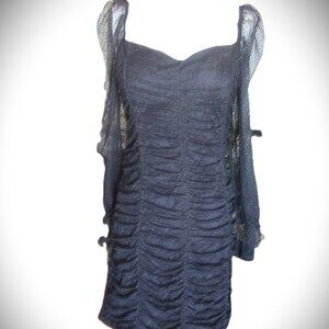 Size L 60s Style Black Long Sleeve Party Mini Dress Bra Cups Overlay Ruched